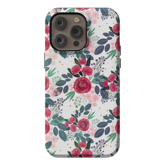 iPhone 14 Pro max StrongFit Cute Rose Pink Peonies Watercolor Paint Gold Dots Design by InovArts