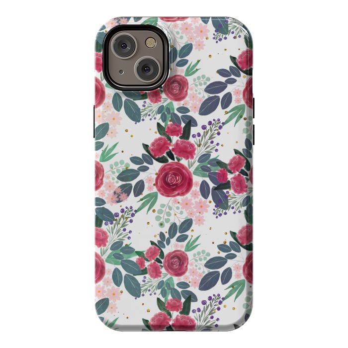 iPhone 14 Plus StrongFit Cute Rose Pink Peonies Watercolor Paint Gold Dots Design by InovArts