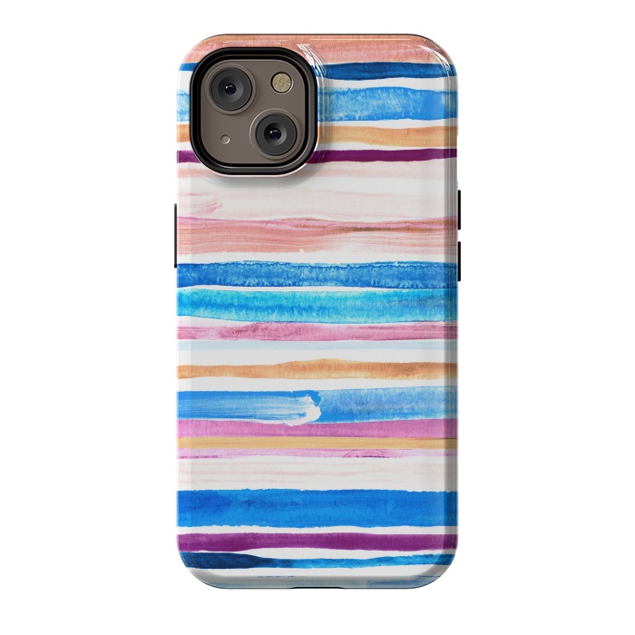 iPhone 14 StrongFit Pastel Pink, Plum and Cobalt Blue Gouache Stripes by Micklyn Le Feuvre