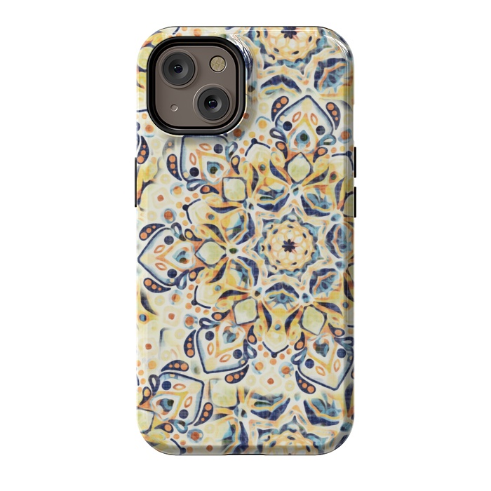 iPhone 14 StrongFit Stained Glass Mandala - Mustard Yellow & Navy  by Tigatiga
