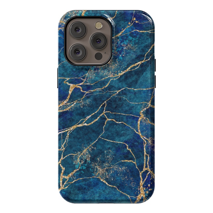 iPhone 14 Pro max StrongFit Blue Marble with Gold Glitter Veins Fake Stone Texture by ArtsCase