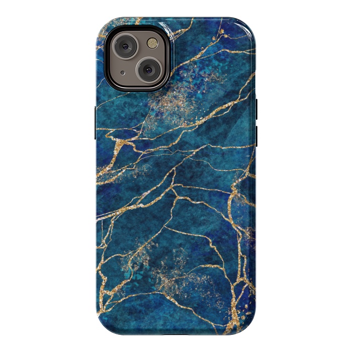 iPhone 14 Plus StrongFit Blue Marble with Gold Glitter Veins Fake Stone Texture by ArtsCase