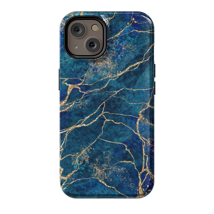 iPhone 14 StrongFit Blue Marble with Gold Glitter Veins Fake Stone Texture by ArtsCase