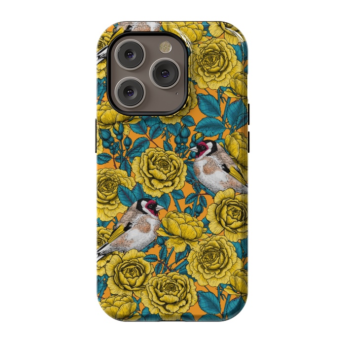 iPhone 14 Pro StrongFit Rose flowers and goldfinch birds by Katerina Kirilova