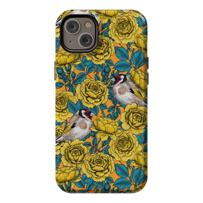 iPhone 14 Plus StrongFit Rose flowers and goldfinch birds by Katerina Kirilova