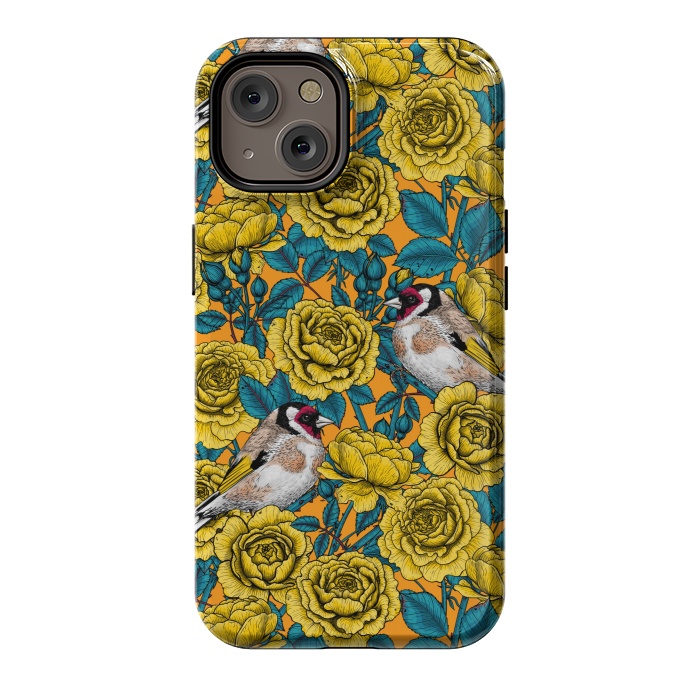 iPhone 14 StrongFit Rose flowers and goldfinch birds by Katerina Kirilova