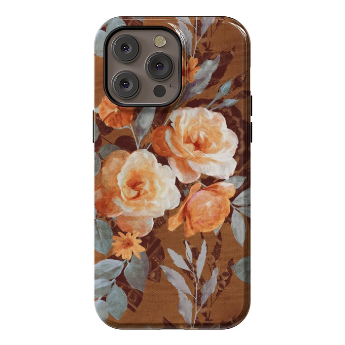 iPhone 14 Pro max StrongFit Chintz Roses on Rust Brown by Micklyn Le Feuvre