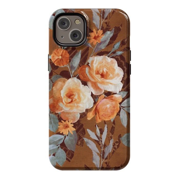 iPhone 14 Plus StrongFit Chintz Roses on Rust Brown by Micklyn Le Feuvre