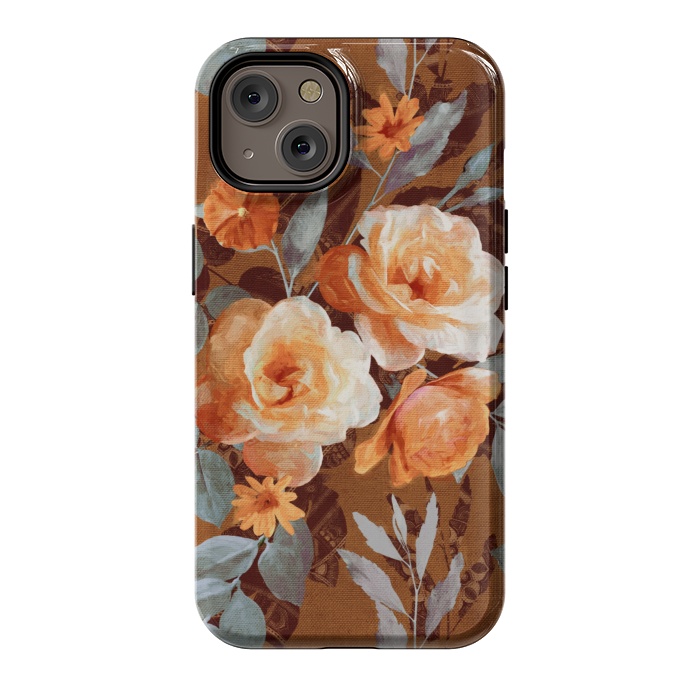 iPhone 14 StrongFit Chintz Roses on Rust Brown by Micklyn Le Feuvre
