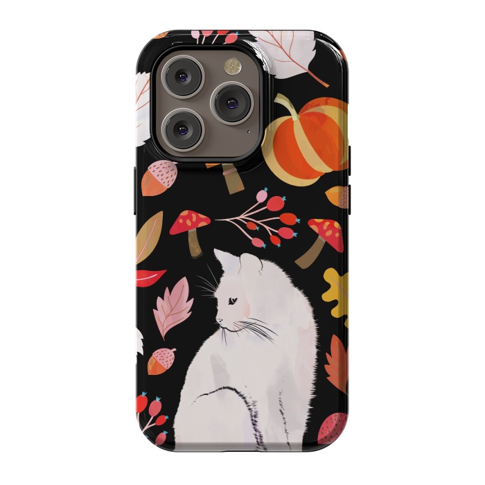 iPhone 14 Pro StrongFit Autumn nature pattern with white cat by Oana 