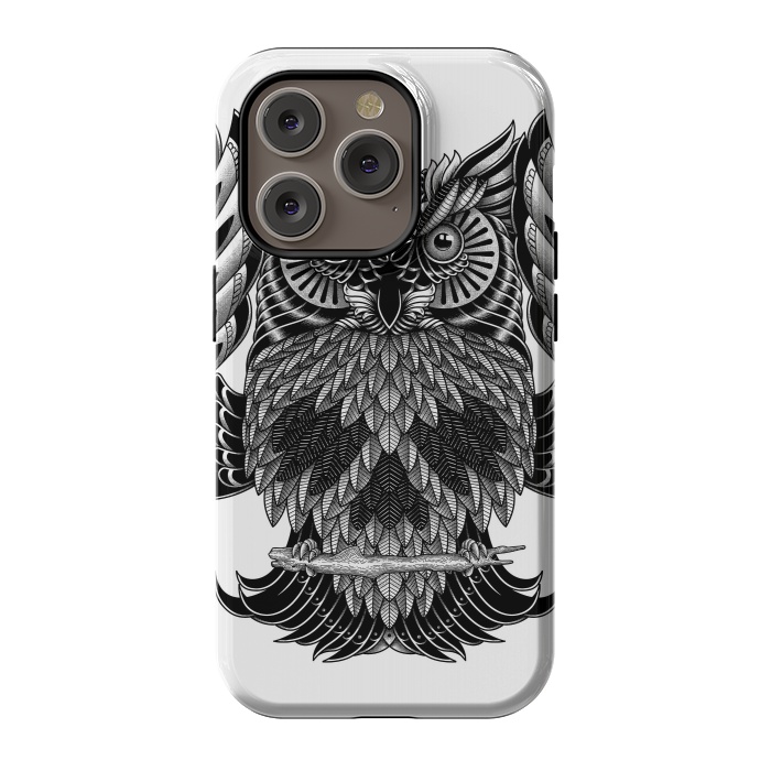 iPhone 14 Pro StrongFit Owl Skull Ornate (White) by Afif Quilimo