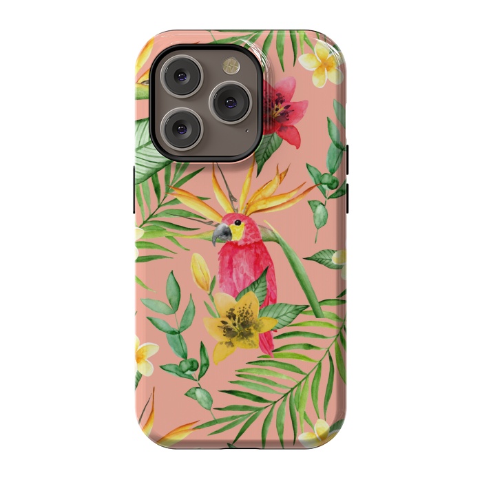 iPhone 14 Pro StrongFit Red parrot and tropical leaves by Julia Badeeva