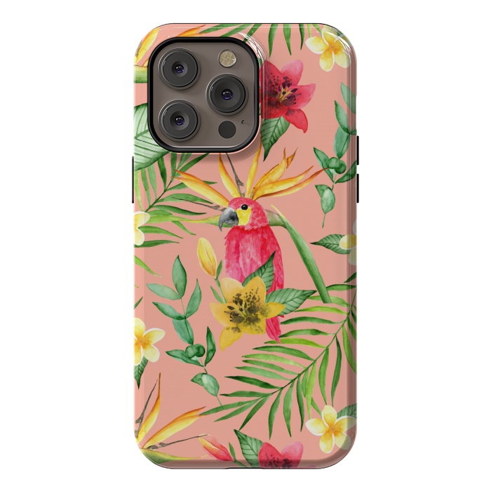 iPhone 14 Pro max StrongFit Red parrot and tropical leaves by Julia Badeeva