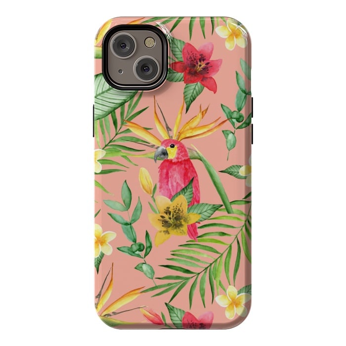 iPhone 14 Plus StrongFit Red parrot and tropical leaves by Julia Badeeva