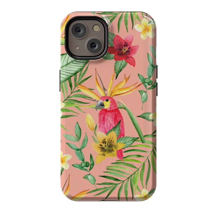 iPhone 14 StrongFit Red parrot and tropical leaves by Julia Badeeva