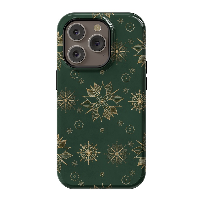 iPhone 14 Pro StrongFit Elegant Gold Green Poinsettias Snowflakes Winter Design by InovArts