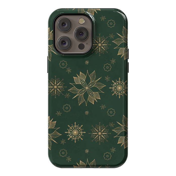 iPhone 14 Pro max StrongFit Elegant Gold Green Poinsettias Snowflakes Winter Design by InovArts
