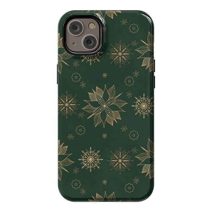iPhone 14 Plus StrongFit Elegant Gold Green Poinsettias Snowflakes Winter Design by InovArts