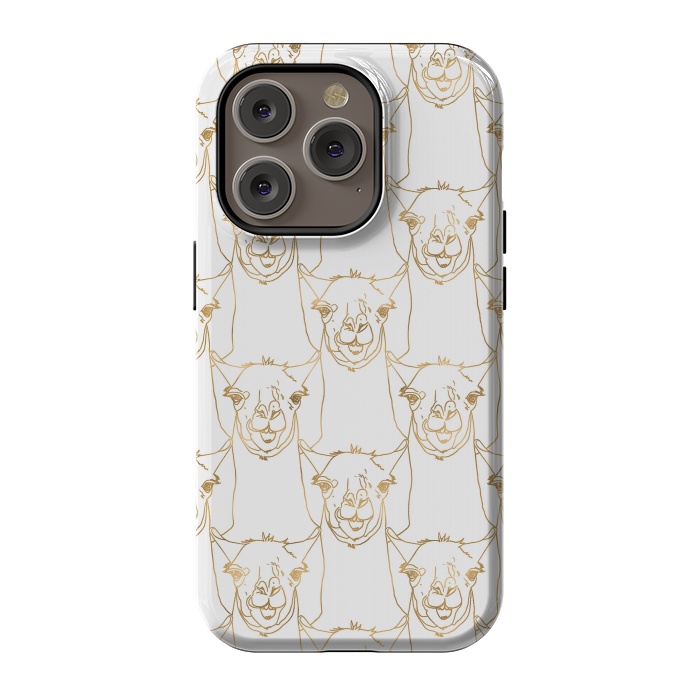 iPhone 14 Pro StrongFit Cute Gold Strokes Llama Animal White Pattern by InovArts