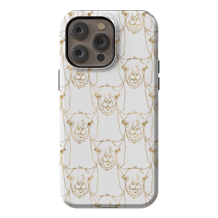 iPhone 14 Pro max StrongFit Cute Gold Strokes Llama Animal White Pattern by InovArts