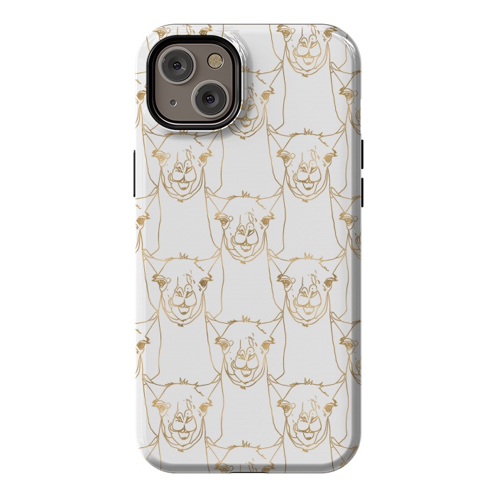 iPhone 14 Plus StrongFit Cute Gold Strokes Llama Animal White Pattern by InovArts