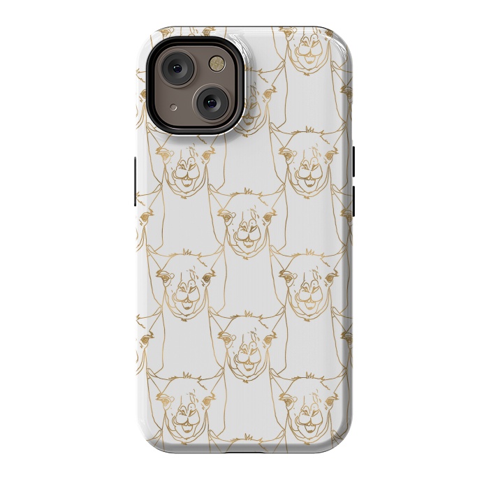 iPhone 14 StrongFit Cute Gold Strokes Llama Animal White Pattern by InovArts