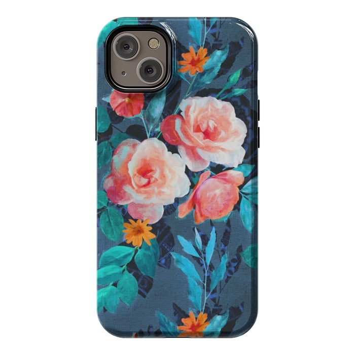 iPhone 14 Plus StrongFit Retro Rose Chintz in Radiant Coral on Blue by Micklyn Le Feuvre