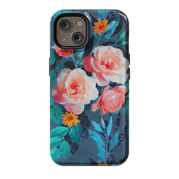 iPhone 14 StrongFit Retro Rose Chintz in Radiant Coral on Blue by Micklyn Le Feuvre