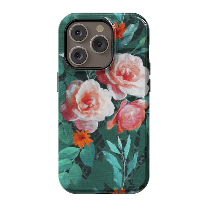 iPhone 14 Pro StrongFit Retro Rose Chintz in Melon Pink on Dark Emerald Green by Micklyn Le Feuvre