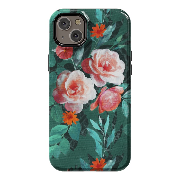 iPhone 14 Plus StrongFit Retro Rose Chintz in Melon Pink on Dark Emerald Green by Micklyn Le Feuvre