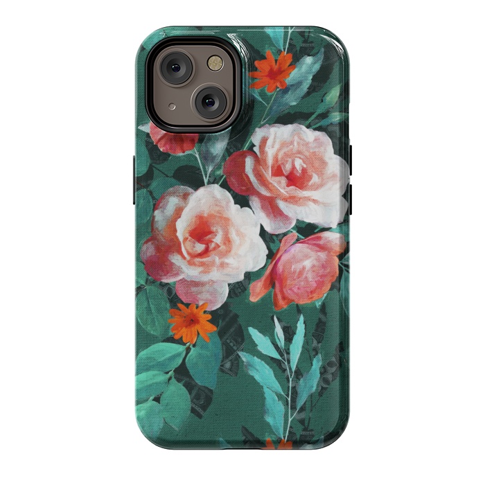 iPhone 14 StrongFit Retro Rose Chintz in Melon Pink on Dark Emerald Green by Micklyn Le Feuvre