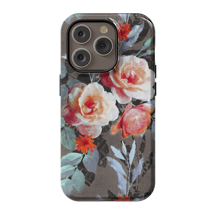 iPhone 14 Pro StrongFit Retro Rose Chintz in Scarlet, Peach, Sage and Grey by Micklyn Le Feuvre