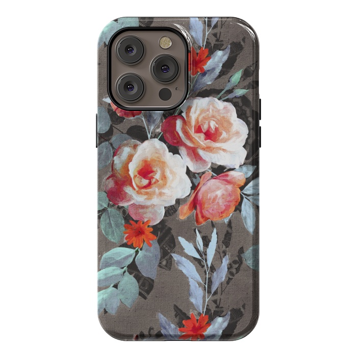 iPhone 14 Pro max StrongFit Retro Rose Chintz in Scarlet, Peach, Sage and Grey by Micklyn Le Feuvre