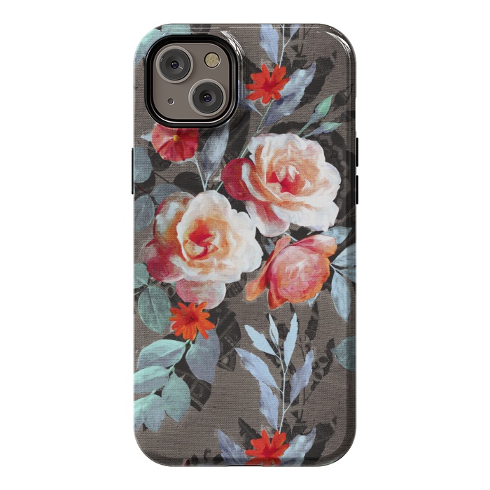 iPhone 14 Plus StrongFit Retro Rose Chintz in Scarlet, Peach, Sage and Grey by Micklyn Le Feuvre