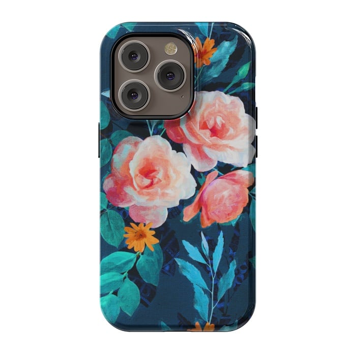 iPhone 14 Pro StrongFit Retro Rose Chintz in Bright Coral and Peach on Indigo Blue by Micklyn Le Feuvre