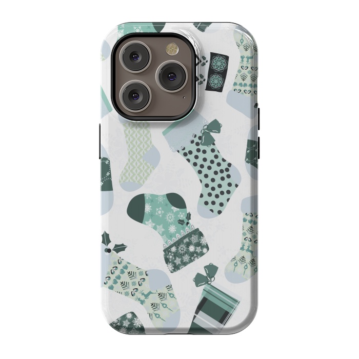 iPhone 14 Pro StrongFit Christmas Stockings in Green and White by Paula Ohreen