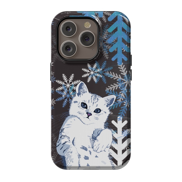 iPhone 14 Pro StrongFit Cute kitty with blue metallic snowflakes by Oana 