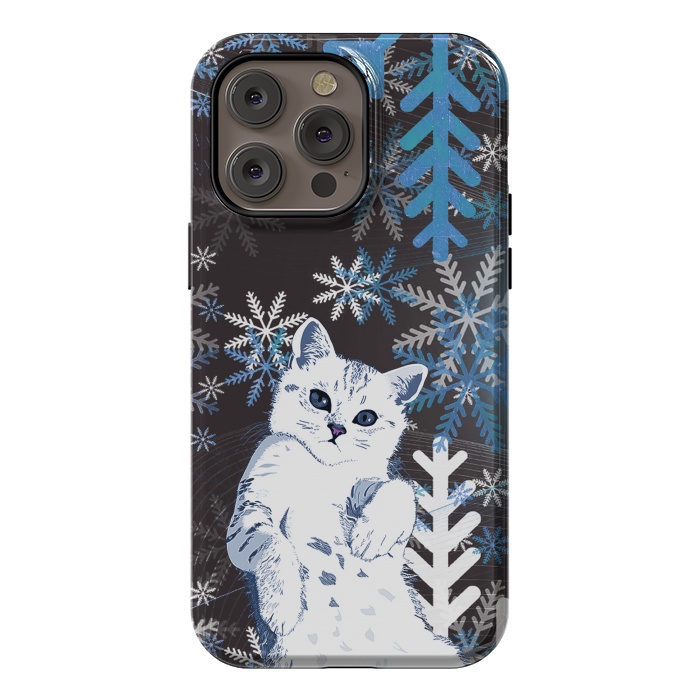iPhone 14 Pro max StrongFit Cute kitty with blue metallic snowflakes by Oana 