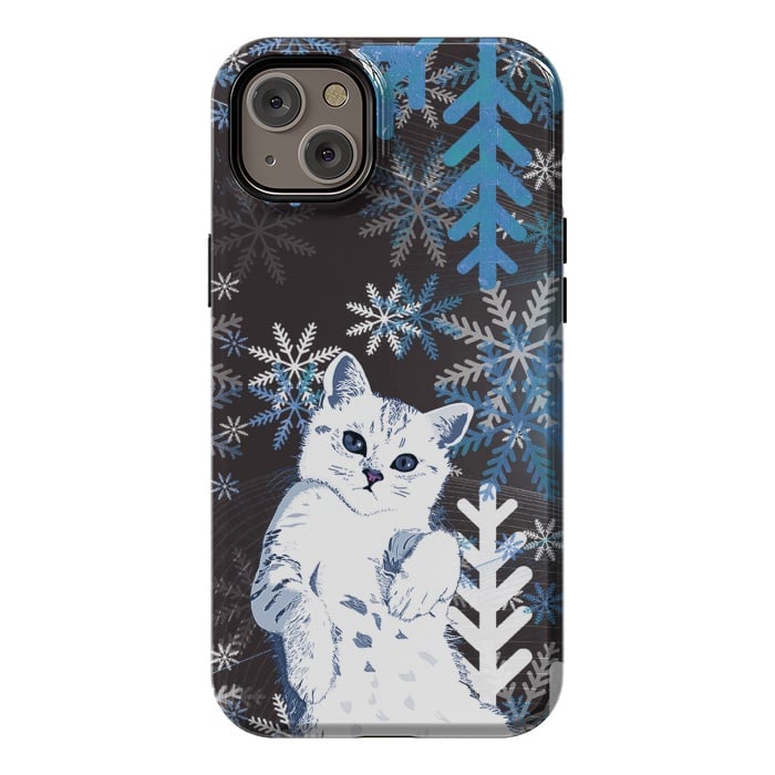 iPhone 14 Plus StrongFit Cute kitty with blue metallic snowflakes by Oana 