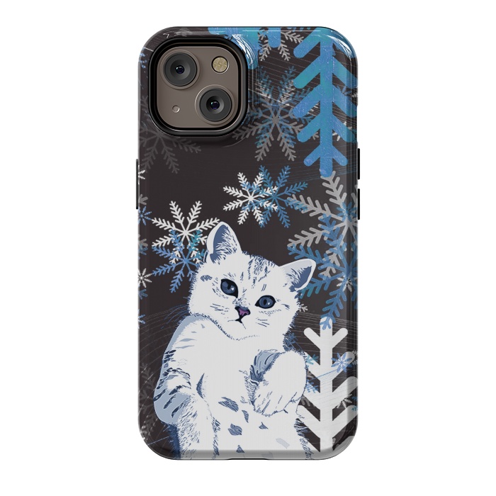 iPhone 14 StrongFit Cute kitty with blue metallic snowflakes by Oana 