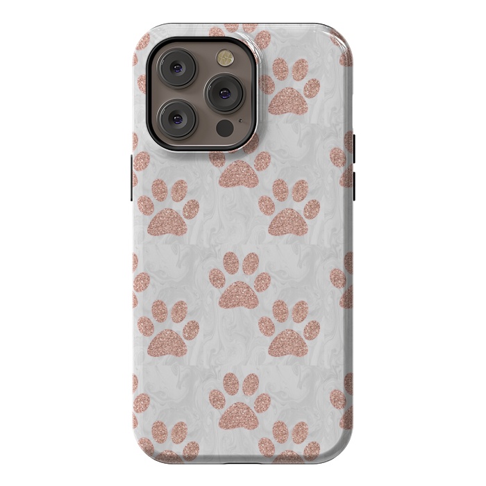 iPhone 14 Pro max StrongFit Rose Gold Paw Prints on Marble by Julie Erin Designs