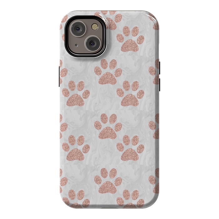iPhone 14 Plus StrongFit Rose Gold Paw Prints on Marble by Julie Erin Designs