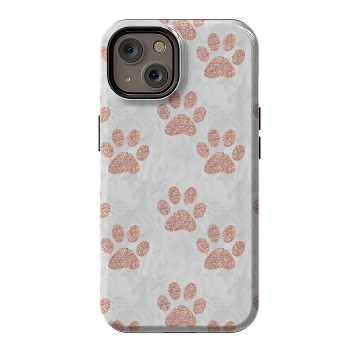 iPhone 14 StrongFit Rose Gold Paw Prints on Marble by Julie Erin Designs