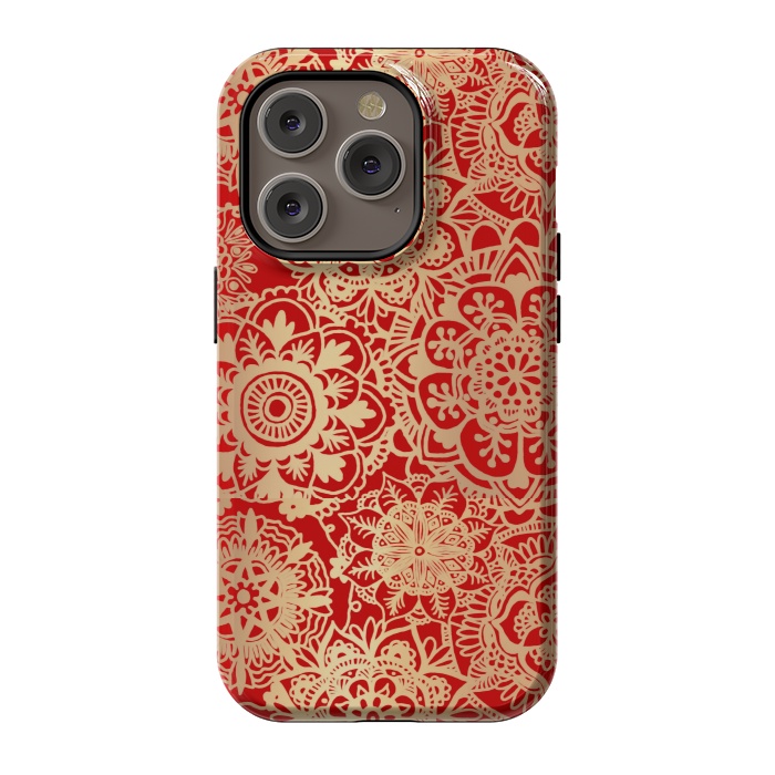 iPhone 14 Pro StrongFit Red and Gold Mandala Pattern by Julie Erin Designs