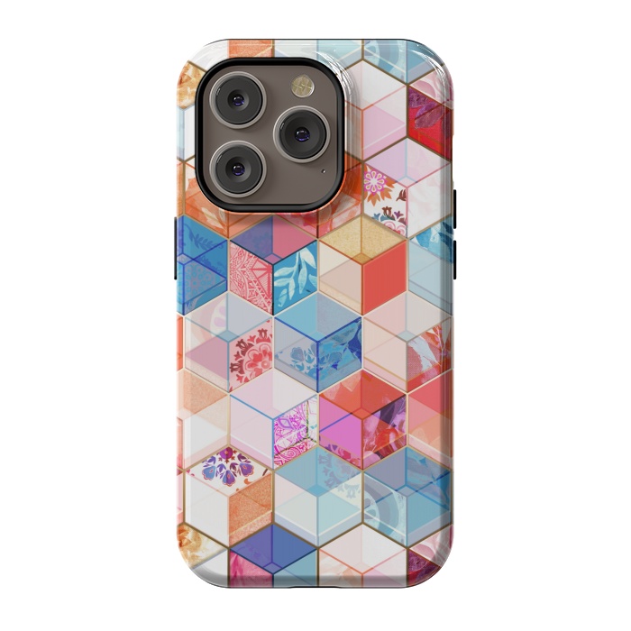 iPhone 14 Pro StrongFit Coral, Cream and Cobalt Kaleidoscope Cubes by Micklyn Le Feuvre