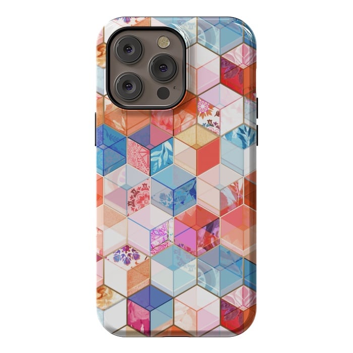 iPhone 14 Pro max StrongFit Coral, Cream and Cobalt Kaleidoscope Cubes by Micklyn Le Feuvre