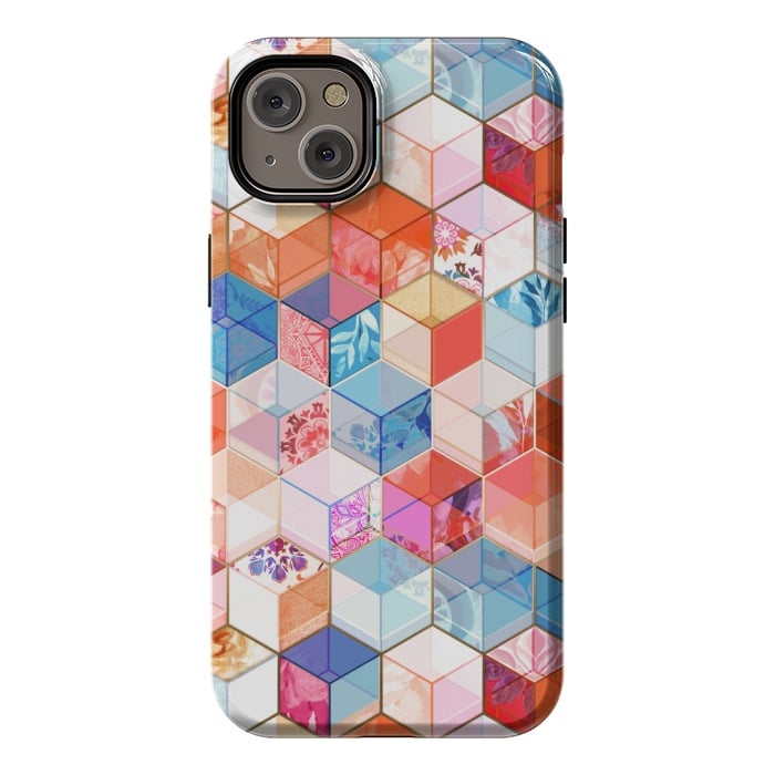 iPhone 14 Plus StrongFit Coral, Cream and Cobalt Kaleidoscope Cubes by Micklyn Le Feuvre
