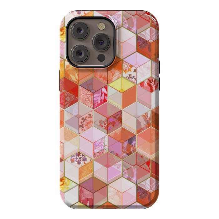 iPhone 14 Pro max StrongFit Gold and Garnet Kaleidoscope Cubes by Micklyn Le Feuvre