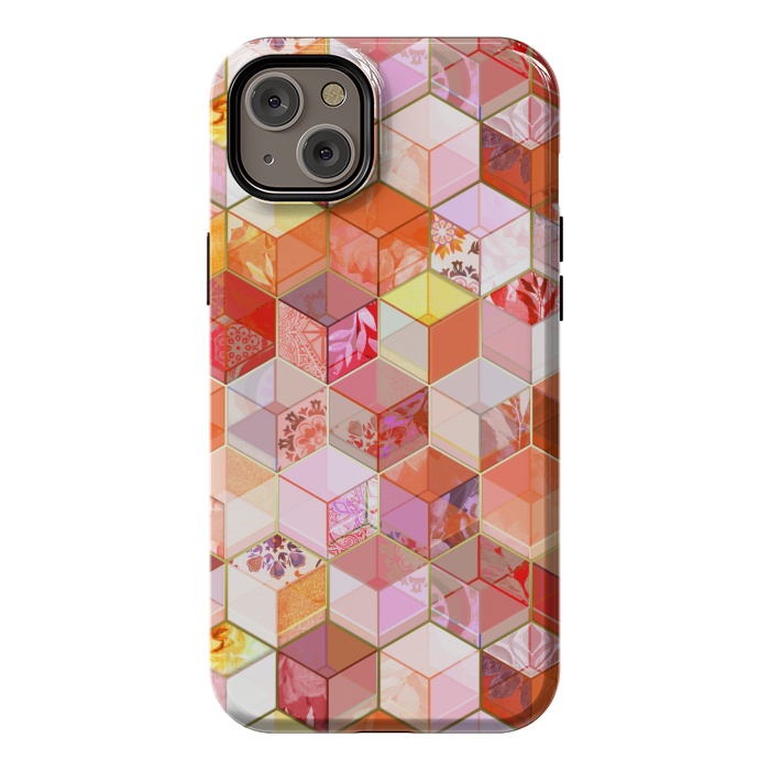 iPhone 14 Plus StrongFit Gold and Garnet Kaleidoscope Cubes by Micklyn Le Feuvre
