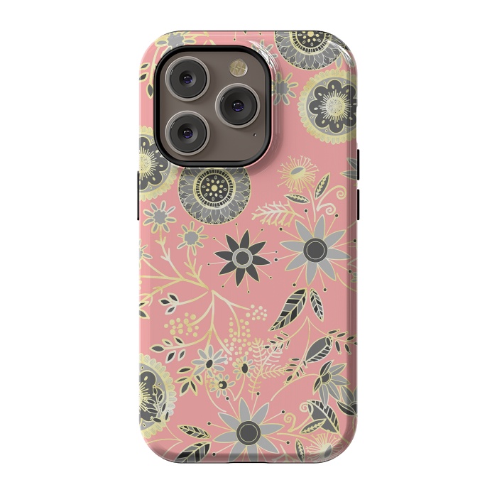 iPhone 14 Pro StrongFit Elegant Gray and Pink Folk Floral Golden Design by InovArts